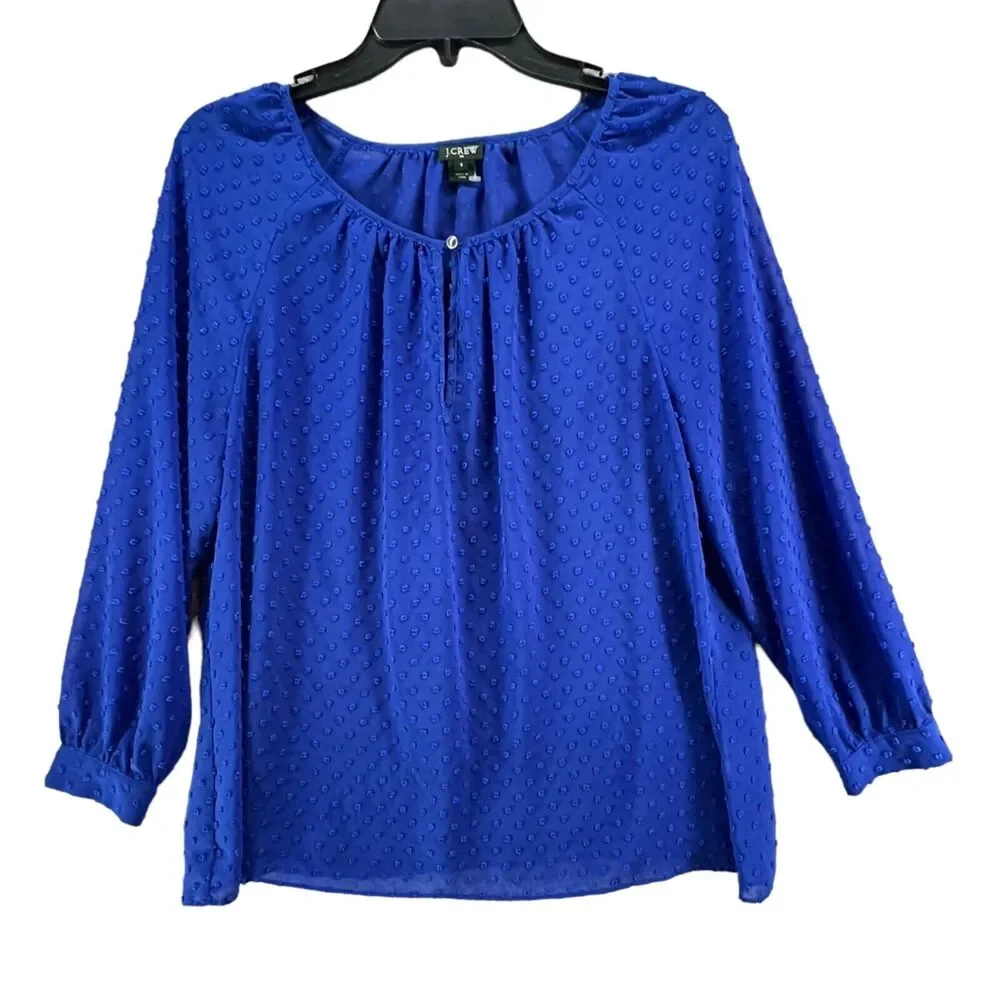 J‎ Crew Blouse Womens S Cobalt Blue Sheer Swiss Dot Keyhole Popover Top Preppy